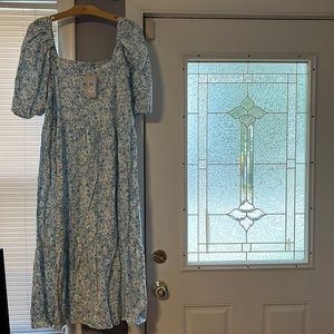 Blue and Green Floral Puff sleeve dress